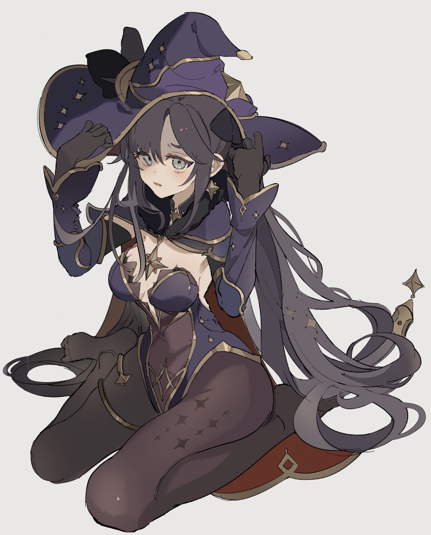 1girl, absurdres, black_pantyhose, genshin_impact, gloves, hat, highres, mona_(genshin_impact), note_nii, pantyhose, sitting, solo, twintails, wariza, witch_hat