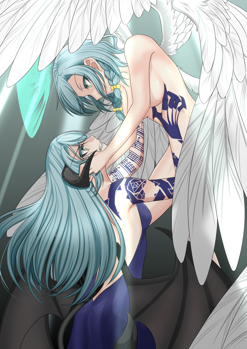 2girls, absurdres, angel_and_devil, angel_wings, ascending, bang_dream!, bang_dream!_girls_band_party!, highres, hikawa_hina, hikawa_sayo, lime_eyes, multiple_girls, musical_note, musical_note_tattoo, smile, tattoo, wings, you-q_(youq14)