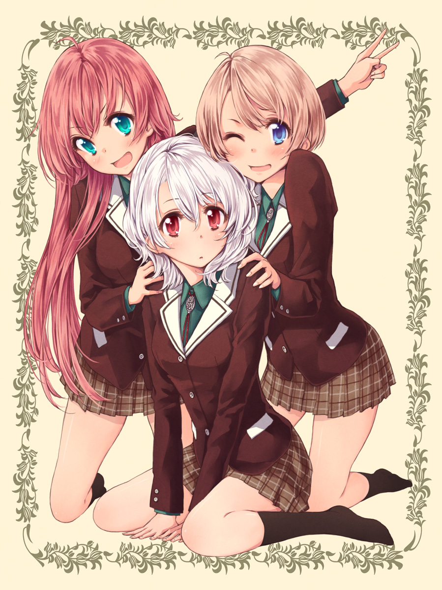3girls, :o, ahoge, aqua_eyes, arm_support, black_socks, blazer, blonde_hair