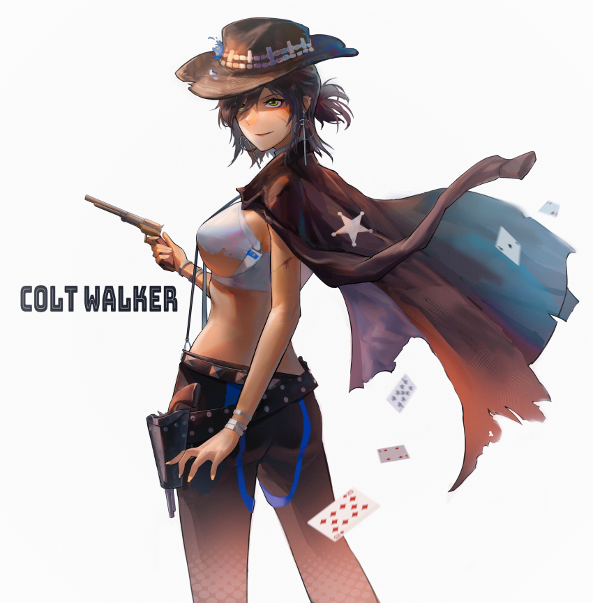 1girl, bandeau, belt, black_belt, black_pants, breasts, brown_hair, brown_hat