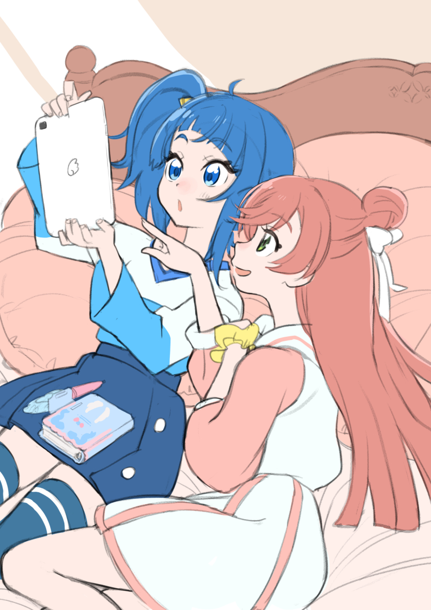2girls, blue_eyes, blue_hair, blue_skirt, blue_thighhighs, commentary, dress, green_eyes, half_updo, highres, hirogaru_sky!_precure, holding, holding_tablet_pc, journal, kikurage_(crayon_arts), long_hair, long_sleeves, mirage_pen, multiple_girls, nijigaoka_mashiro, on_bed, pink_hair, precure, sailor_collar, scrunchie, side_ponytail, single_sidelock, skirt, sora_harewataru, tablet_pc, thighhighs, white_sailor_collar, wrist_scrunchie, zettai_ryouiki