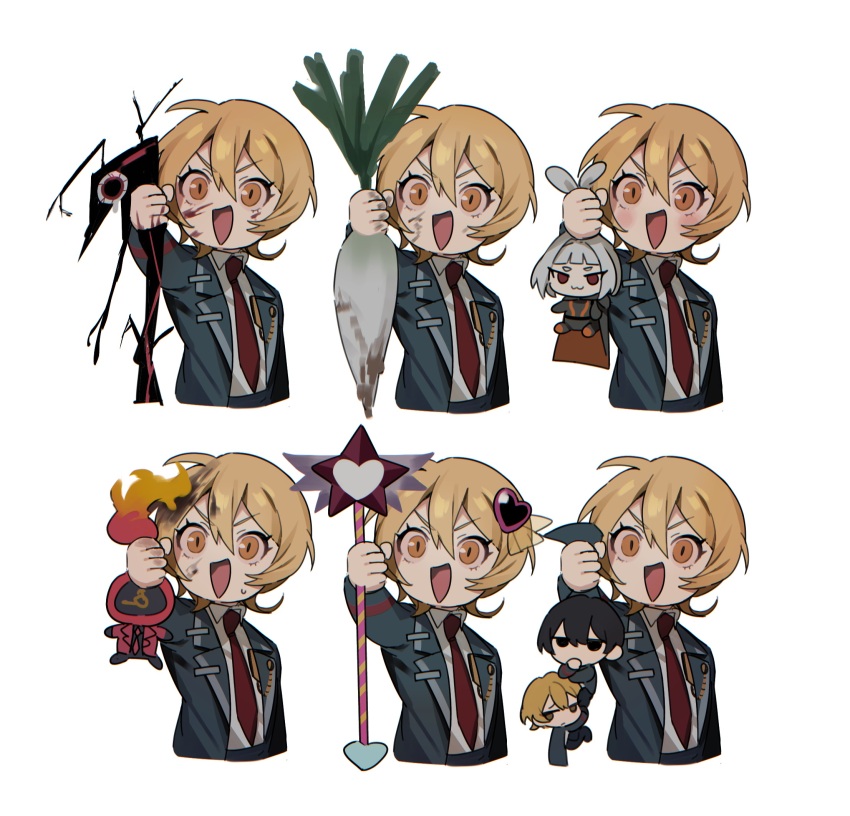 1other, 2boys, 2girls, :3, black_eyes, black_hair, blonde_hair, blood