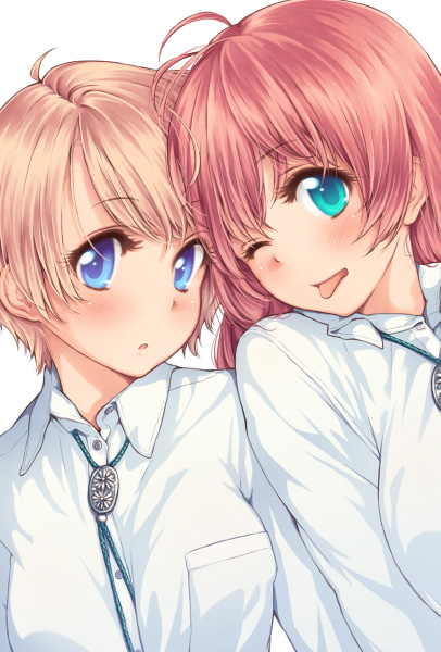 2girls, :o, ;p, ahoge, blonde_hair, blue_eyes, blush, bolo_tie