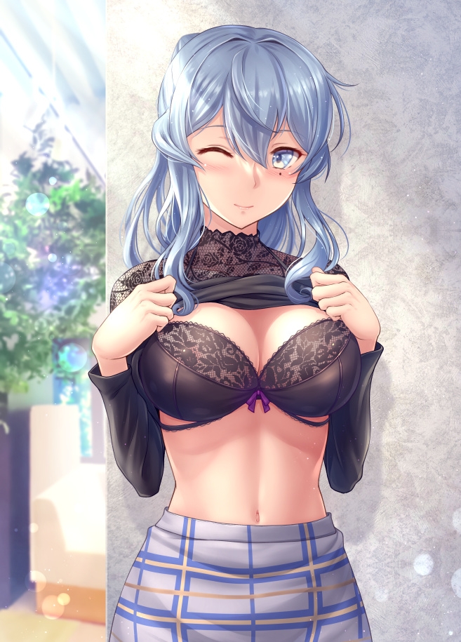 1girl, black_bra, black_shirt, blue_eyes, blue_hair, blush, bra, breasts