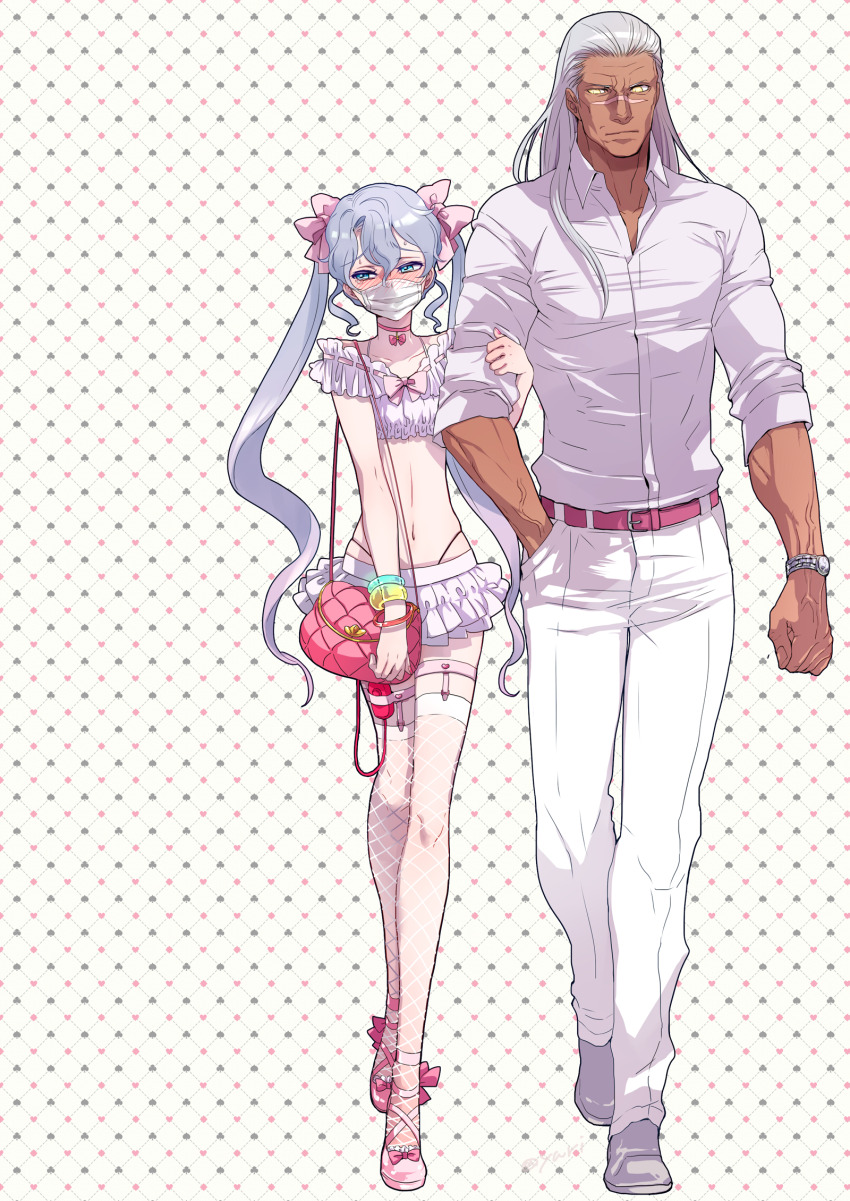 2boys, arm_grab, ass, bag, bare_shoulders, belt, blue_eyes, blush, bow, bracelet, choker, closed_mouth, collar, collarbone, collared_shirt, crop_top, crossdressing, crossdressing_(mtf), dark-skinned_male, dark_skin, fishnet_thighhighs, fishnets, formal_clothes, frills, full_body, garter_straps, grey_hair, hair_between_eyes, hair_bow, hair_ribbon, handbag, heart, high_heels, highleg, highres, holding, holding_another's_arm, holding_bag, hyuga_ryght, jewelry, karl_friedrich_howzer_(phantasy_star_universe), lolita_fashion, long_hair, male_focus, mask, microskirt, midriff, miniskirt, mouth_mask, multiple_boys, navel, nose_blush, pants, phantasy_star, phantasy_star_universe, pink_belt, pink_bow, pink_choker, pink_ribbon, pink_shoes, pleated_skirt, ribbon, sex_toy, shirt, shoes, short_sleeves, skindentation, skirt, standing, surgical_mask, sweat, sweatdrop, thighhighs, trap, twintails, underwear, vibrator, watch, white_shirt, wristwatch, yellow_eyes, yuriko2755