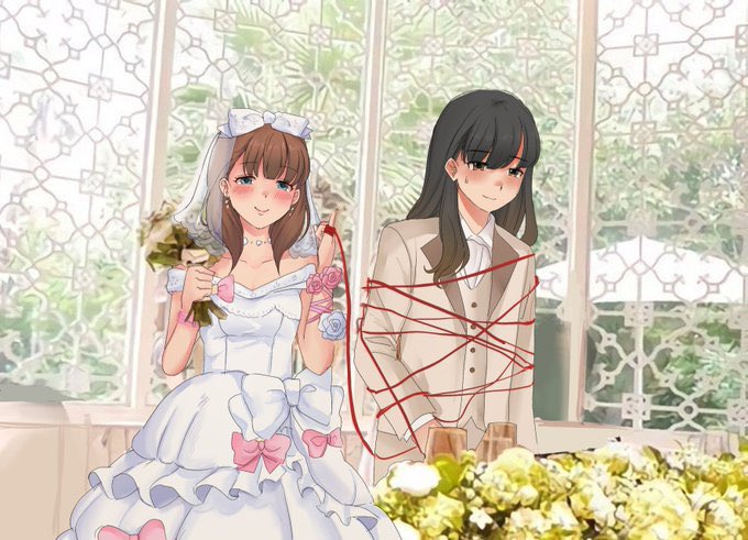 2girls, black_hair, brown_hair, dress, idolmaster, idolmaster_cinderella_girls, image_sample, long_hair, multiple_girls, rimurimu, sakuma_mayu, tree, twitter_sample, wedding_dress, white_dress, yandere, yuri