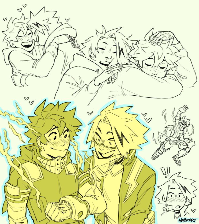 2boys, arm_up, blush, boku_no_hero_academia, closed_eyes, closed_mouth, commentary, electricity