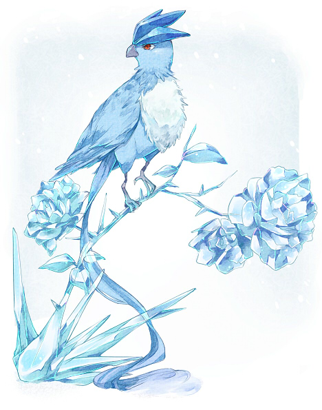 animal_focus, articuno, bad_id, bad_pixiv_id, bird, flower, frozen, gen_1_pokemon, grey_beak, ice, legendary_pokemon, nintendo, no_humans, pokemon, pokemon_(creature), red_eyes, rinne_(pixiv)