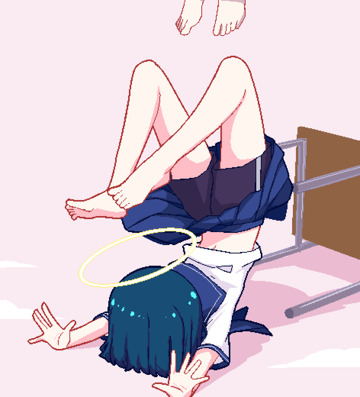 1girl, arched_back, barefoot, black_shorts, blue_hair, blue_skirt, chair, chibikki