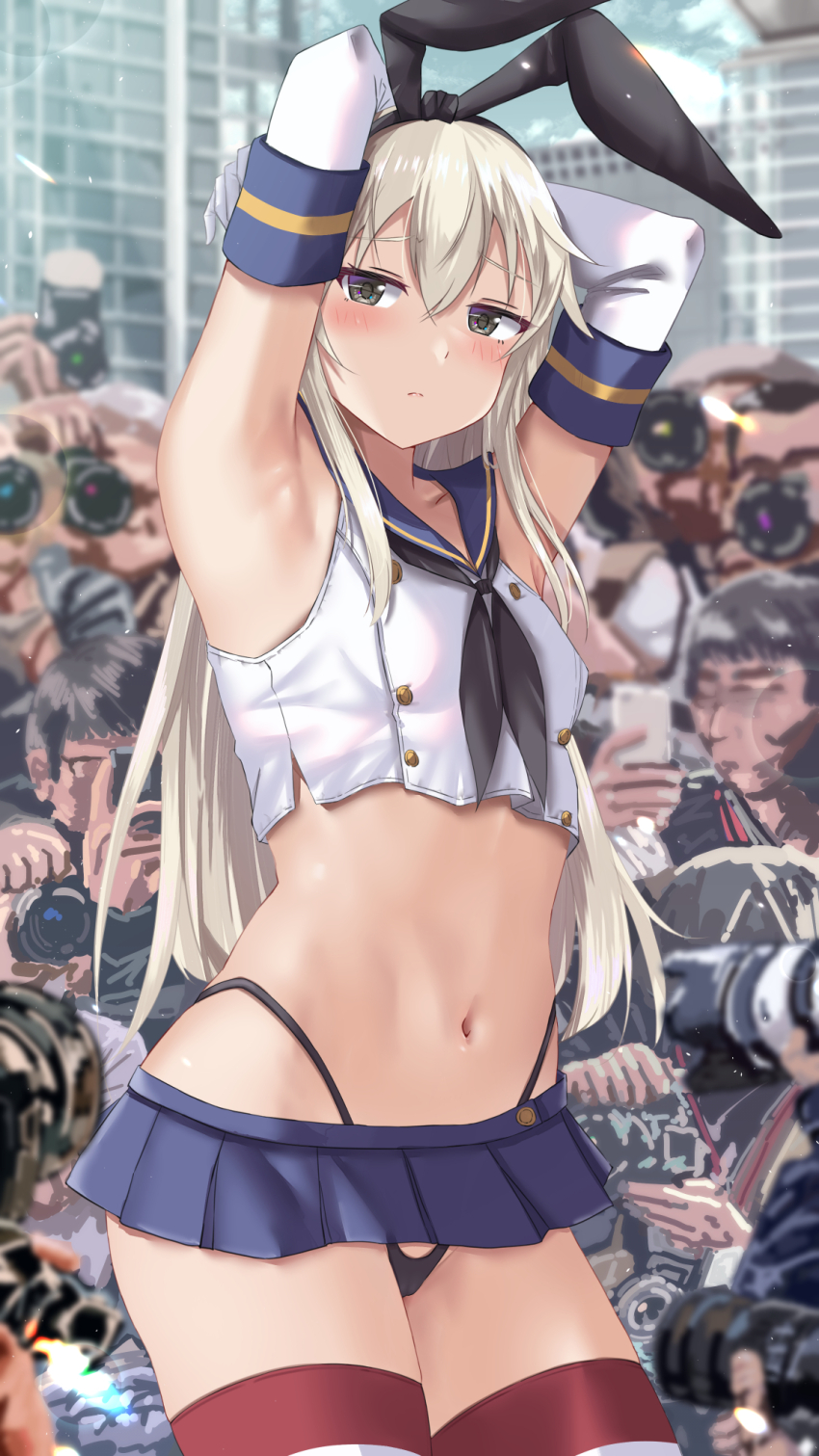 1girl, armpits, arms_up, black_hairband, black_panties, blonde_hair, breasts, camera, cowboy_shot, crop_top, elbow_gloves, gloves, grey_eyes, hairband, highleg, highleg_panties, highres, kantai_collection, kuroame_(kurinohana), long_hair, miniskirt, navel, panties, school_uniform, serafuku, shimakaze_(kancolle), skirt, small_breasts, stomach, striped_clothes, striped_thighhighs, thighhighs, underwear, white_gloves