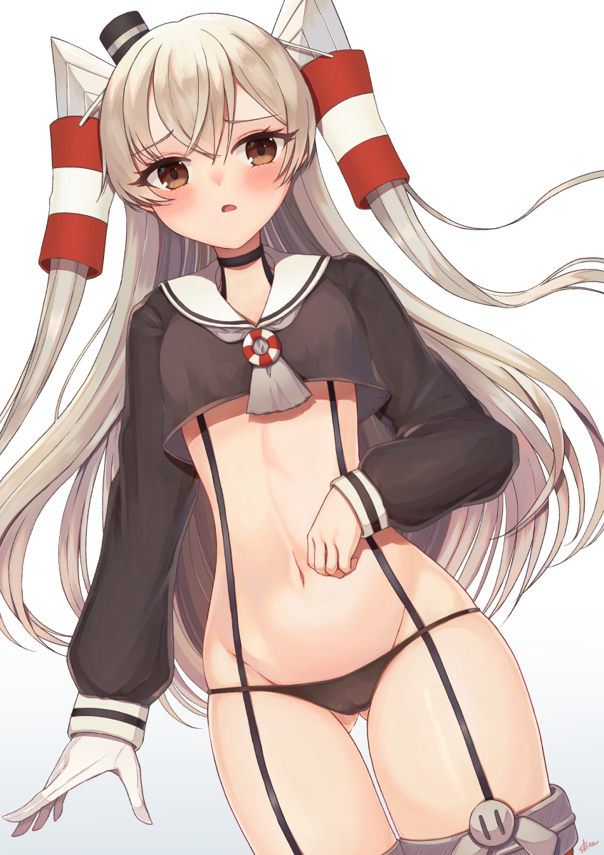 1girl, amatsukaze_(kancolle), artist_name, black_dress, black_panties, blush, brown_eyes, cowboy_shot, dress, gloves, gluteal_fold, grey_hair, groin, hair_between_eyes, hair_tubes, highres, kantai_collection, long_hair, long_sleeves, navel, panties, parted_lips, sailor_collar, sailor_dress, signature, silica_(silica_silylate), single_glove, solo, two_side_up, underwear, white_gloves, white_sailor_collar