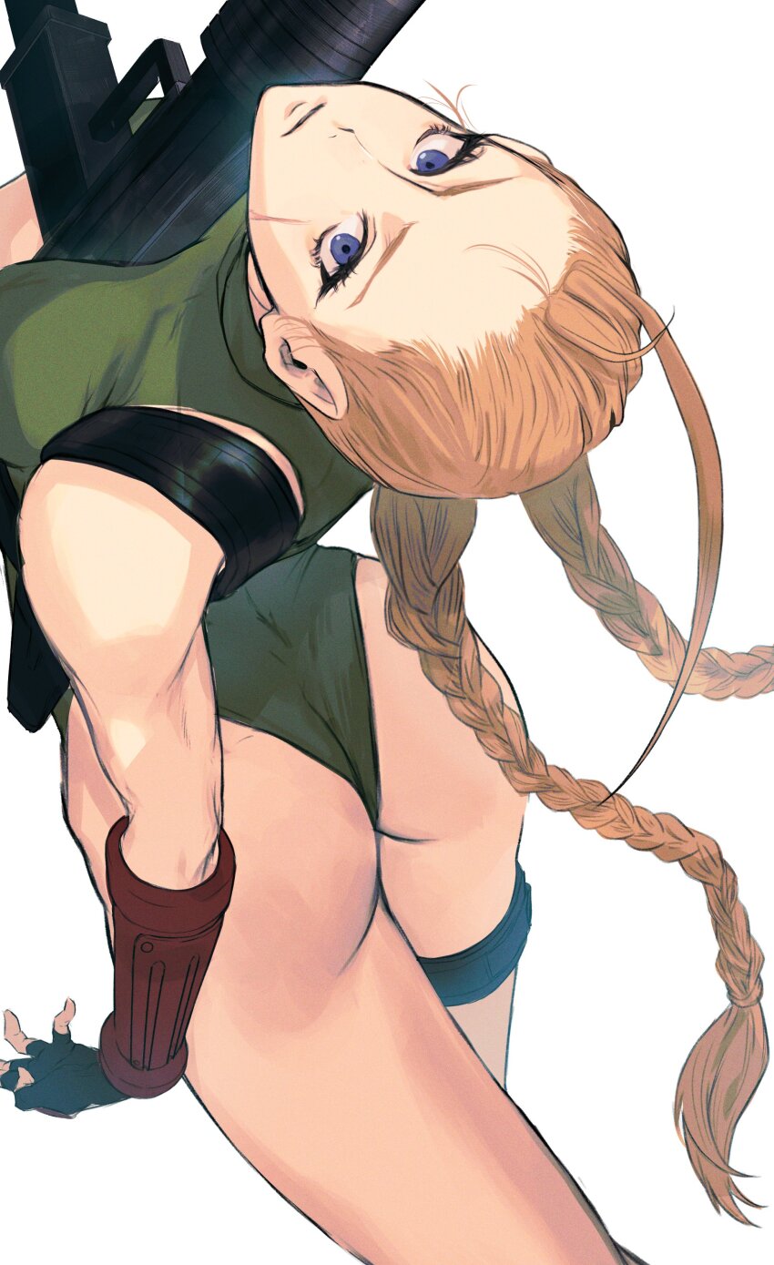 1girl, absurdres, arm_guards, ass, black_gloves, blonde_hair, blue_eyes, braid, breasts, cammy_white, closed_mouth, facial_scar, fingerless_gloves, from_above, from_behind, gloves, green_leotard, gun, high_collar, highres, hitsuji_kusa, holding, holding_gun, holding_weapon, holster, leotard, long_hair, looking_at_viewer, looking_back, looking_up, low_twin_braids, low_twintails, medium_breasts, scar, scar_on_cheek, scar_on_face, serious, shoulder_holster, simple_background, solo, street_fighter, street_fighter_v, thigh_strap, twin_braids, twintails, weapon, white_background