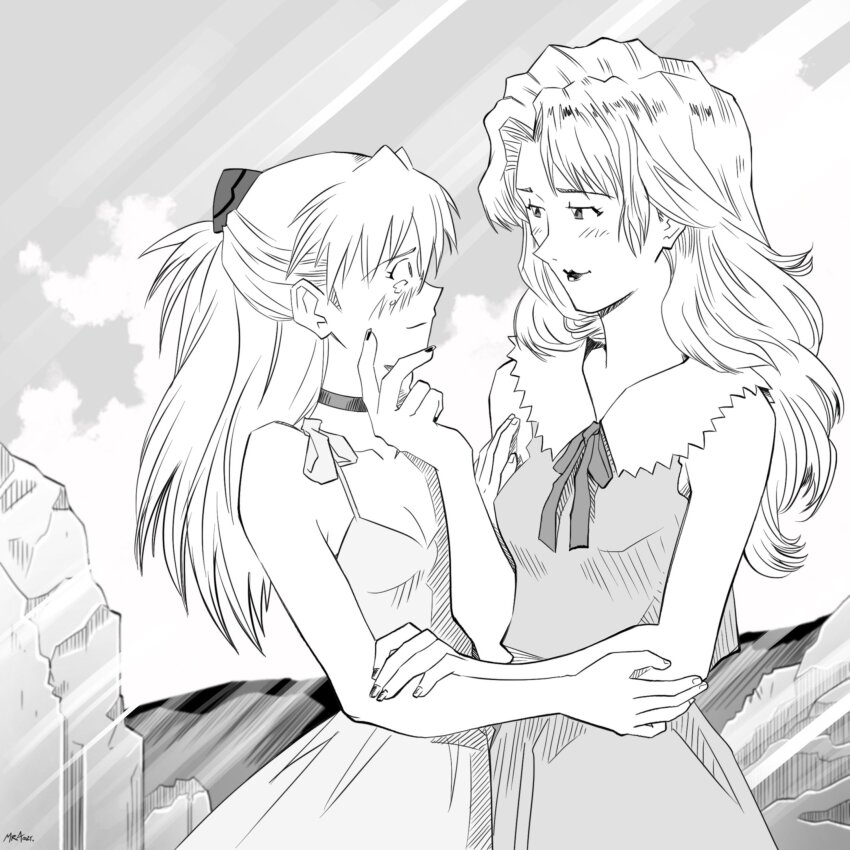 2girls, artist_request, blush, breasts, dress, eye_contact, happy, highres