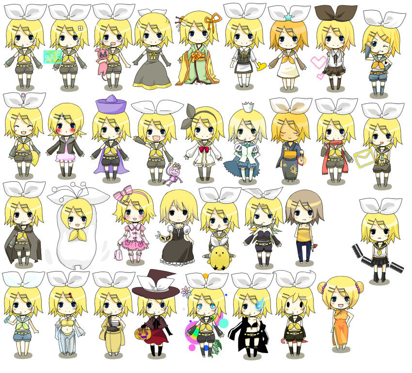 6+girls, aku_no_musume_(vocaloid), annotation_request, bad_id, bad_pixiv_id, black_rock_shooter, black_rock_shooter_(character), black_rock_shooter_(cosplay), blonde_hair, blue_eyes, blush, bow, brown_hair, cape, chibi, china_dress, chinese_clothes, chu!_shite!_(vocaloid), cosplay, detached_sleeves, dog_day_afternoon_(vocaloid), double_bun, dreaming_leaf_(vocaloid), dress, fireworks, gekokujou_(vocaloid), gemini_(vocaloid), gokurakuchou_(vocaloid), hair_ornament, hairband, hairclip, hat, highres, hitobashira_alice_(vocaloid), jack-o'-lantern, japanese_clothes, kagamine_rin, kimono, kokoro_(vocaloid), kyoufu_garden_(vocaloid), makuragi_(vocaloid), mito_(aring), multiple_girls, multiple_persona, otenba_hime_no_uta_(vocaloid), pink_spider_(vocaloid), pumpkin, pylori_kin_no_uta_(vocaloid), ring_ring_ring_(vocaloid), rock'n_rouge_(vocaloid), sakasama_rainbow_(vocaloid), sarashi, senkou_hanabi, shanghai_disco_(vocaloid), short_hair, shorts, songover, soratobazu_(vocaloid), sparkler, susususu_suki_daaisuki_(vocaloid), thighhighs, trick_and_treat_(vocaloid), vocaloid, yumemiru_kotori_(vocaloid)