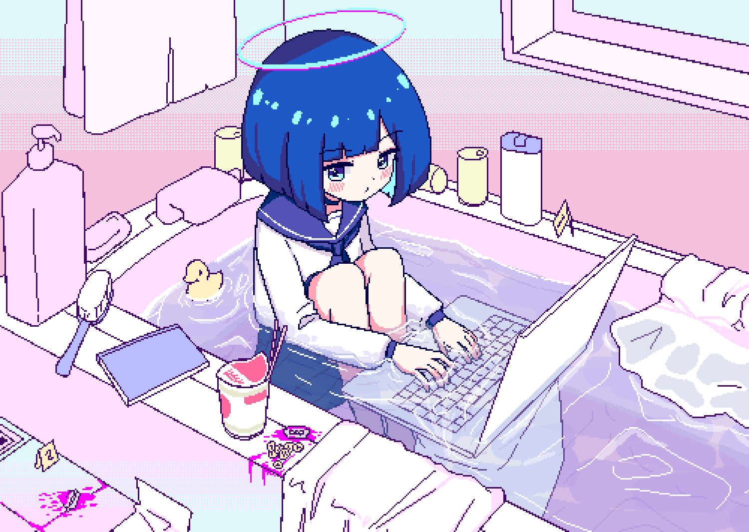 1girl, aqua_eyes, aqua_hair, bathroom, bathtub, blood, blue_hair, blue_neckerchief
