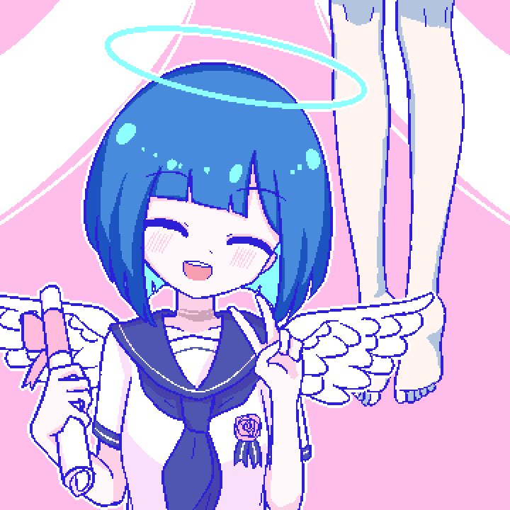 2girls, angel_wings, aqua_hair, blue_hair, blue_neckerchief, blue_sailor_collar, blunt_bangs, blush