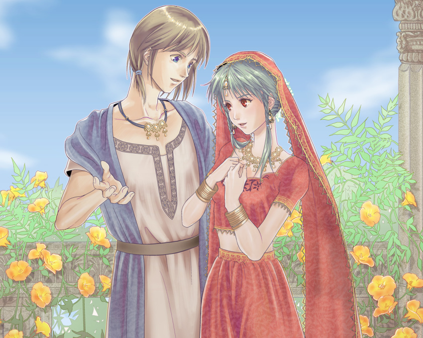 1980s_(style), 1boy, 1girl, asian_indian_clothes, bangle, blue_eyes, bracelet, braid