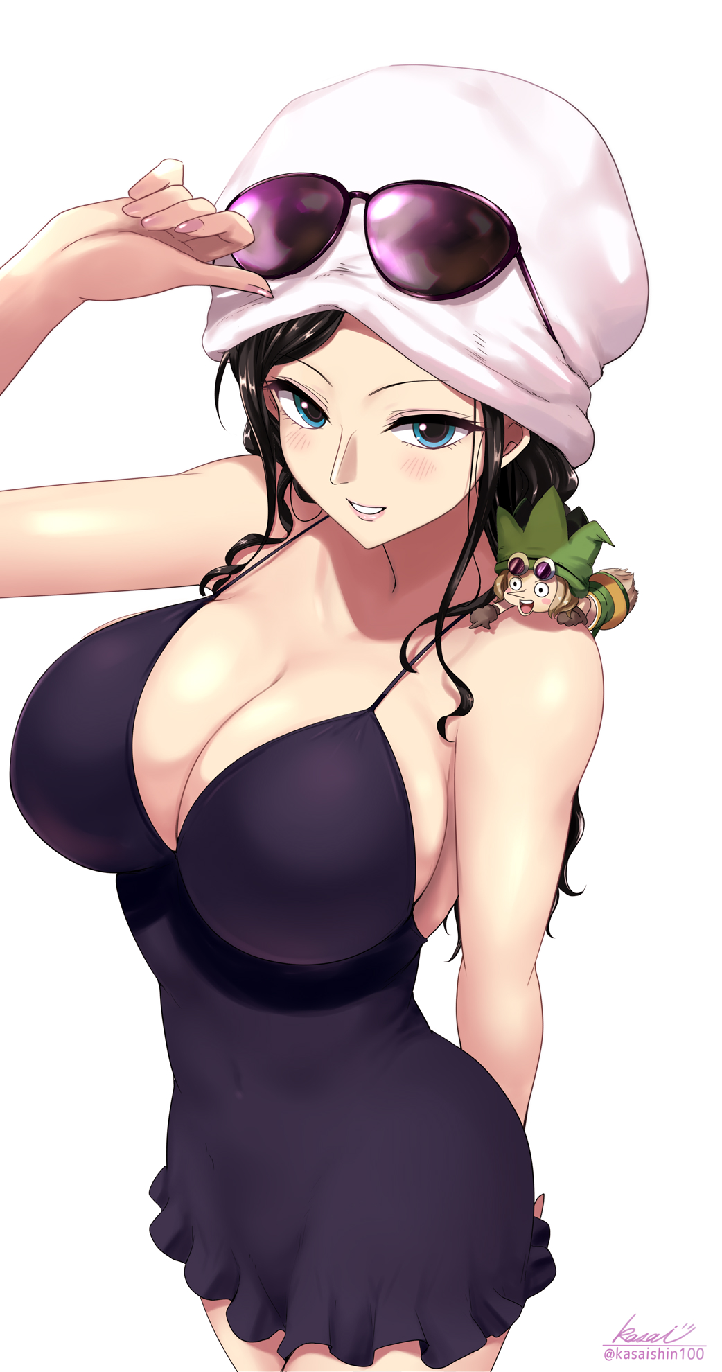1boy, 1girl, arm_behind_back, arm_up, black_dress, black_hair, blue_eyes, breasts, cleavage, covered_navel, cowboy_shot, dress, dwarf, eyewear_on_head, frills, grin, hat, highres, kasai_shin, large_breasts, leo_(one_piece), looking_at_viewer, mini_person, miniboy, nico_robin, nico_robin_(dressrosa), one_piece, parted_lips, short_dress, signature, simple_background, smile, spaghetti_strap, sunglasses, taut_clothes, taut_dress, wavy_hair, white_background, white_hat