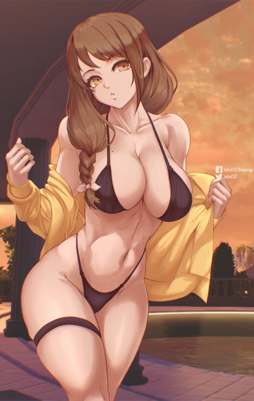 1girl, bikini, braid, breasts, brown_hair, cleavage, fire_emblem, fire_emblem_engage