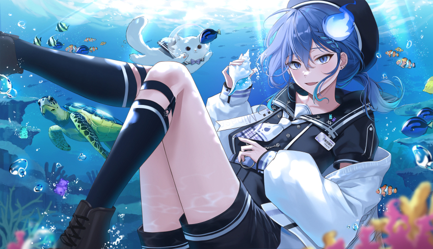 1boy, :d, air_bubble, aqua_hair, belt, beret, black_footwear, black_shirt