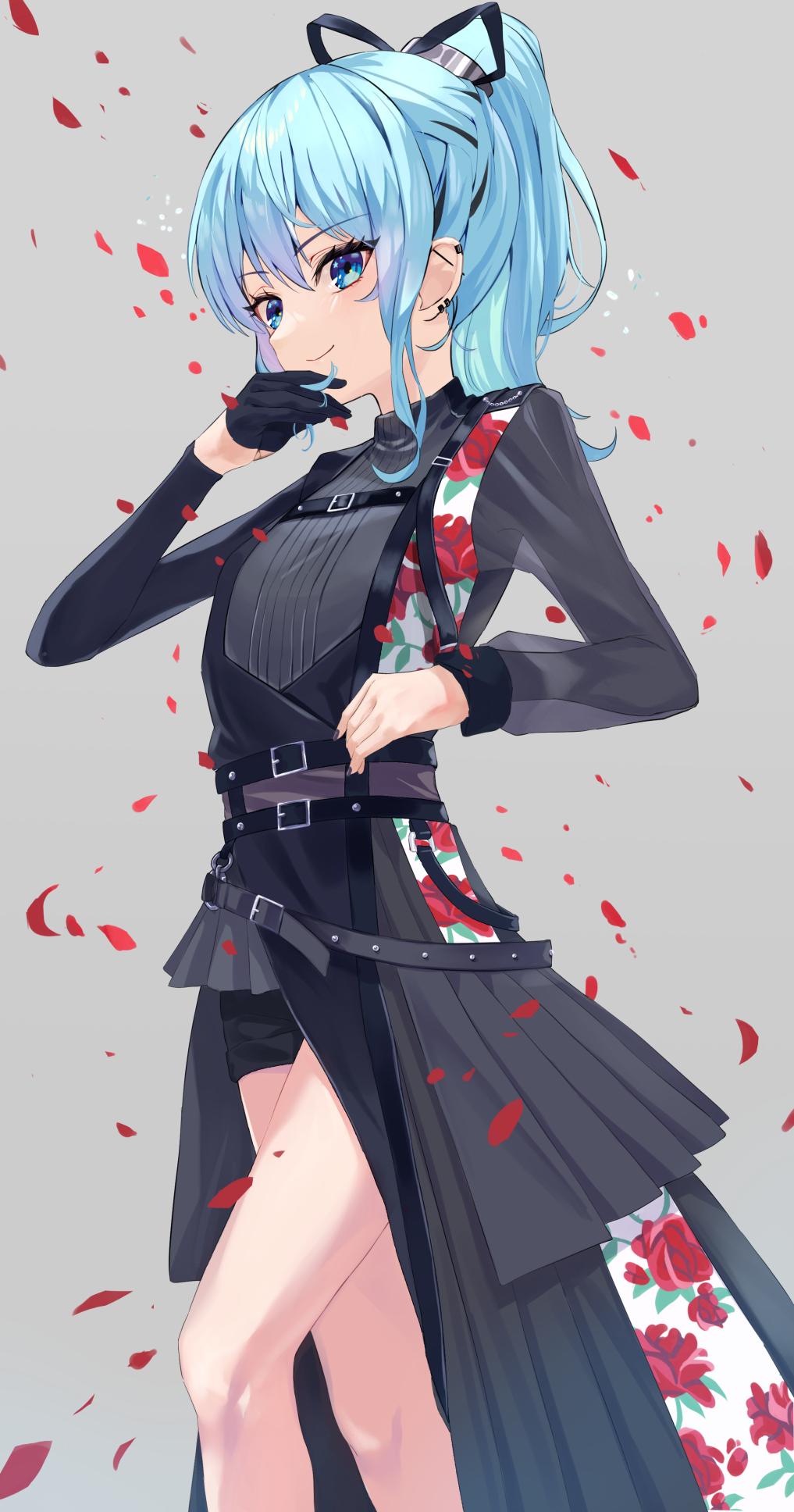 1girl, barbell_piercing, black_gloves, black_nails, black_shirt, black_shorts, black_skirt, blue_eyes