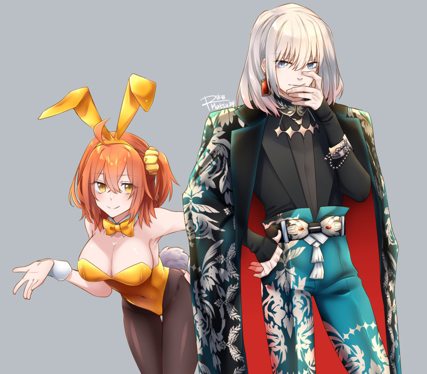 1boy, 1girl, animal_ears, armlet, belt, black_jacket, black_pantyhose, black_shirt, blue_eyes, blue_pants, bow, bowtie, breasts, coat, cowboy_shot, detached_collar, earrings, fake_animal_ears, fake_tail, fate/grand_order, fate_(series), formal_clothes, fujimaru_ritsuka_(female), fujimaru_ritsuka_(female)_(bunny), grey_background, hair_ornament, hair_scrunchie, hand_on_own_ass, hand_on_own_face, hand_up, highres, jacket, jewelry, leaning_forward, leotard, long_sleeves, looking_at_viewer, medium_breasts, medium_hair, oberon_(artificial_rondo)_(fate), oberon_(fate), orange_bow, orange_bowtie, orange_eyes, orange_hair, orange_leotard, ornate, ornate_clothes, pants, pantyhose, playboy_bunny, print_coat, print_pants, rabbit_ears, rabbit_tail, rikumats, scrunchie, shirt, signature, single_earring, sleeveless, smile, standing, straddling, strapless, strapless_leotard, tail, white_hair, wrist_cuffs
