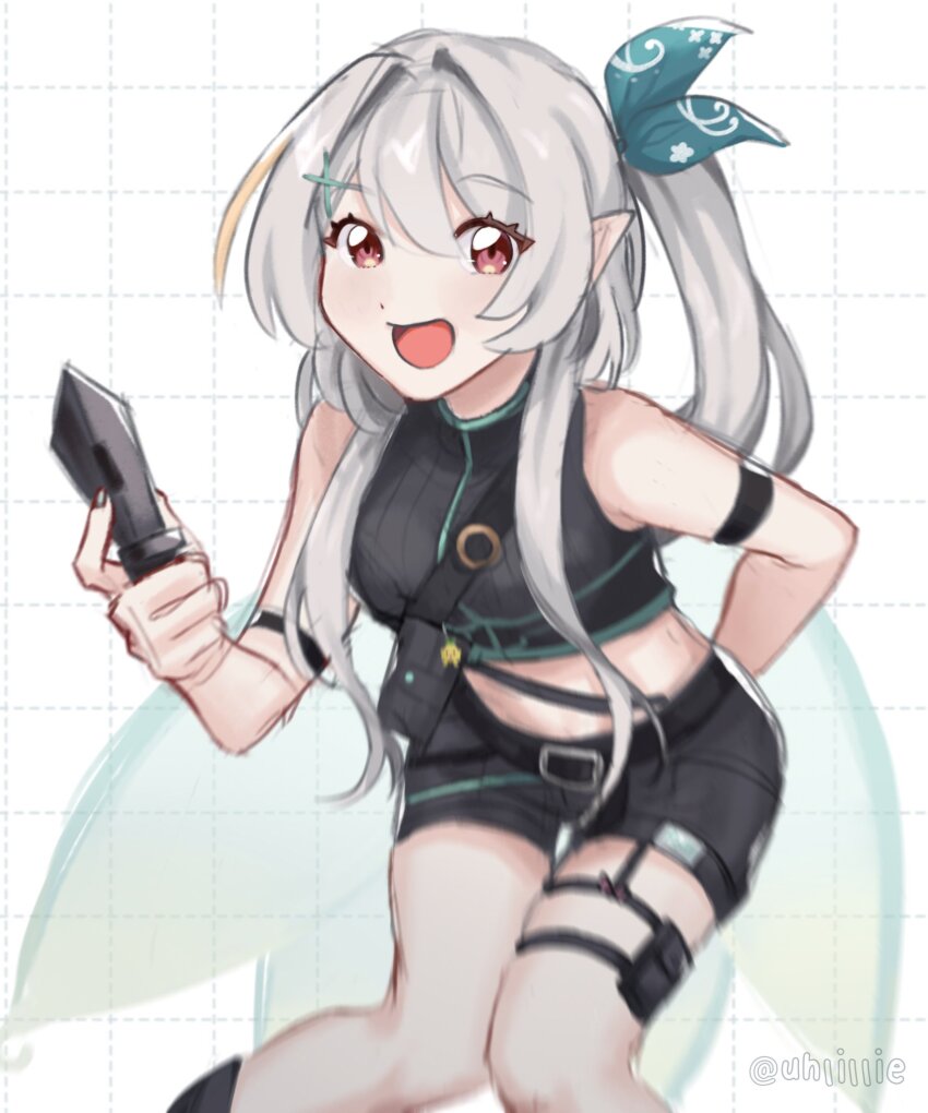 1girl, arm_behind_back, bare_shoulders, black_shirt, black_shorts, blue_ribbon, blurry, crop_top, grey_hair, hair_ornament, hair_ribbon, highres, holding, holding_knife, holding_weapon, holster, knife, lillie_(uhlillie), long_hair, looking_at_viewer, nijisanji, nijisanji_en, official_alternate_costume, open_mouth, pointy_ears, pomu_rainpuff, pomu_rainpuff_(3rd_costume), ponytail, red_eyes, ribbon, shirt, shorts, simple_background, solo, thigh_holster, virtual_youtuber, weapon, white_background, x_hair_ornament