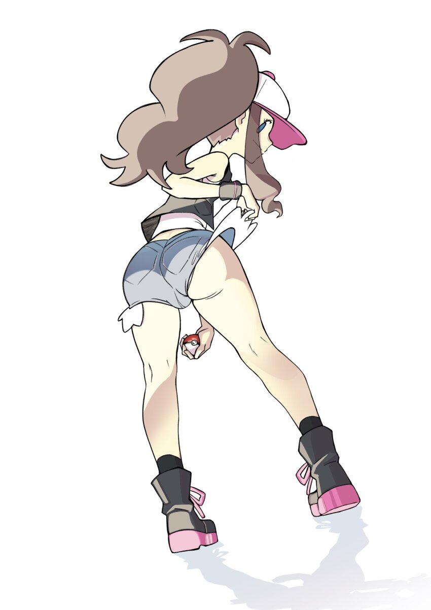 1girl, ass, ass_focus, bare_legs, baseball_cap, blue_eyes, breasts, brown_hair, clothes_pull, denim, denim_shorts, full_body, hat, highres, hilda_(pokemon), holding, holding_poke_ball, lifting_own_clothes, long_hair, looking_at_viewer, looking_back, nintendo, poke_ball, pokemon, pokemon_black_and_white, ponytail, shiny_skin, short_shorts, shorts, shorts_pull, simple_background, small_breasts, smile, solo, spaghetto087, standing, thick_thighs, thighs, very_long_hair, white_background, wide_hips