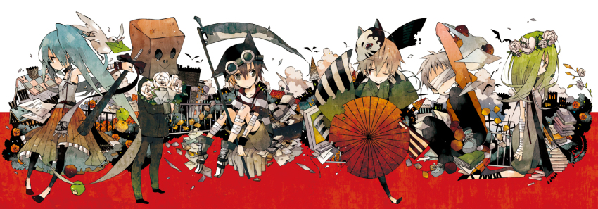 2girls, 4boys, animal_hat, bag, bandages, baseball_bat, blindfold, bouquet