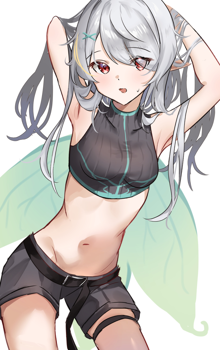 1girl, armpits, arms_behind_head, belt, black_belt, black_shirt, breasts, crop_top