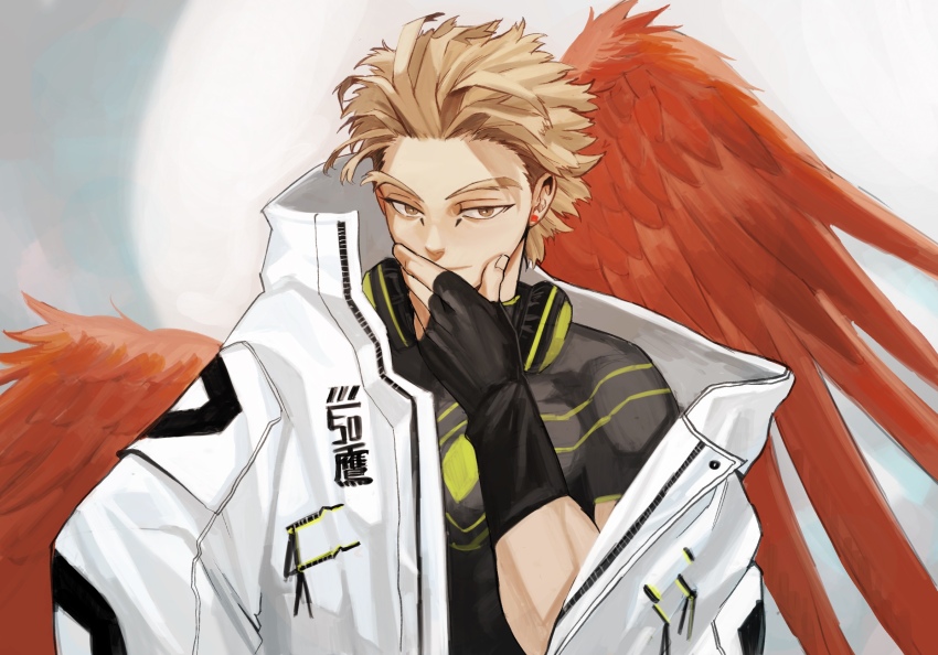 1boy, black_gloves, black_shirt, blonde_hair, boku_no_hero_academia, closed_mouth, feathered_wings, fingerless_gloves, gloves, hand_on_own_face, hand_up, hawks_(boku_no_hero_academia), headphones, highres, jacket, kogu_(nue_insideout), looking_at_viewer, male_focus, red_wings, shirt, short_hair, solo, upper_body, white_jacket, wings