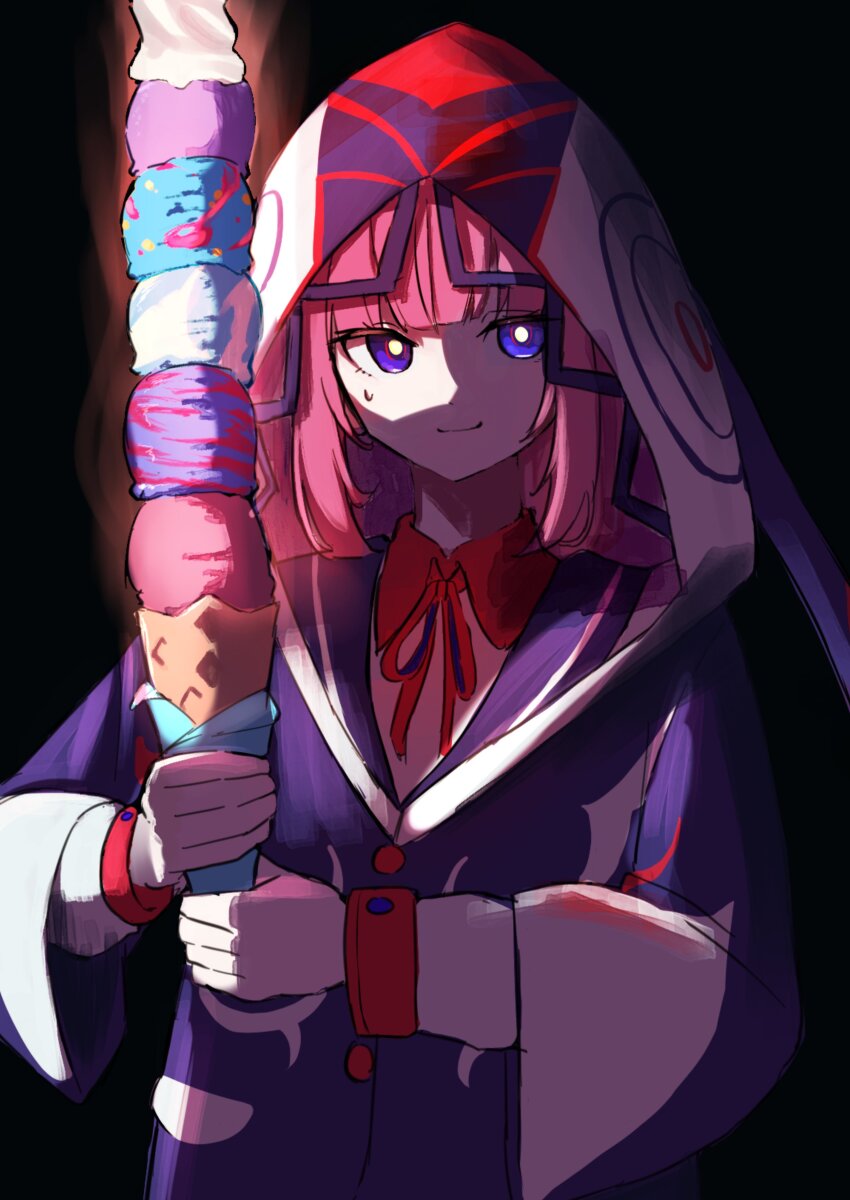 1girl, absurdres, black_background, blue_eyes, blue_jacket, blunt_bangs, collared_shirt, food