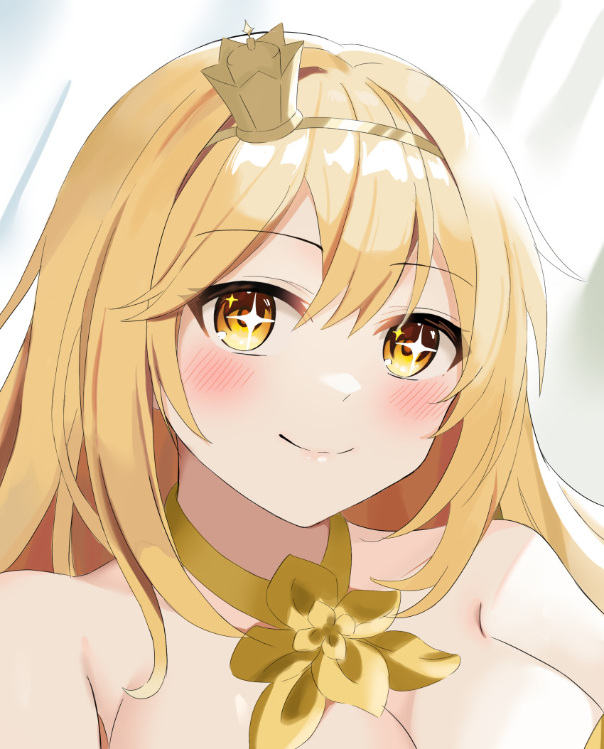 +_+, absurdres, blonde_hair, blush, breasts, crown, hideharu, highres