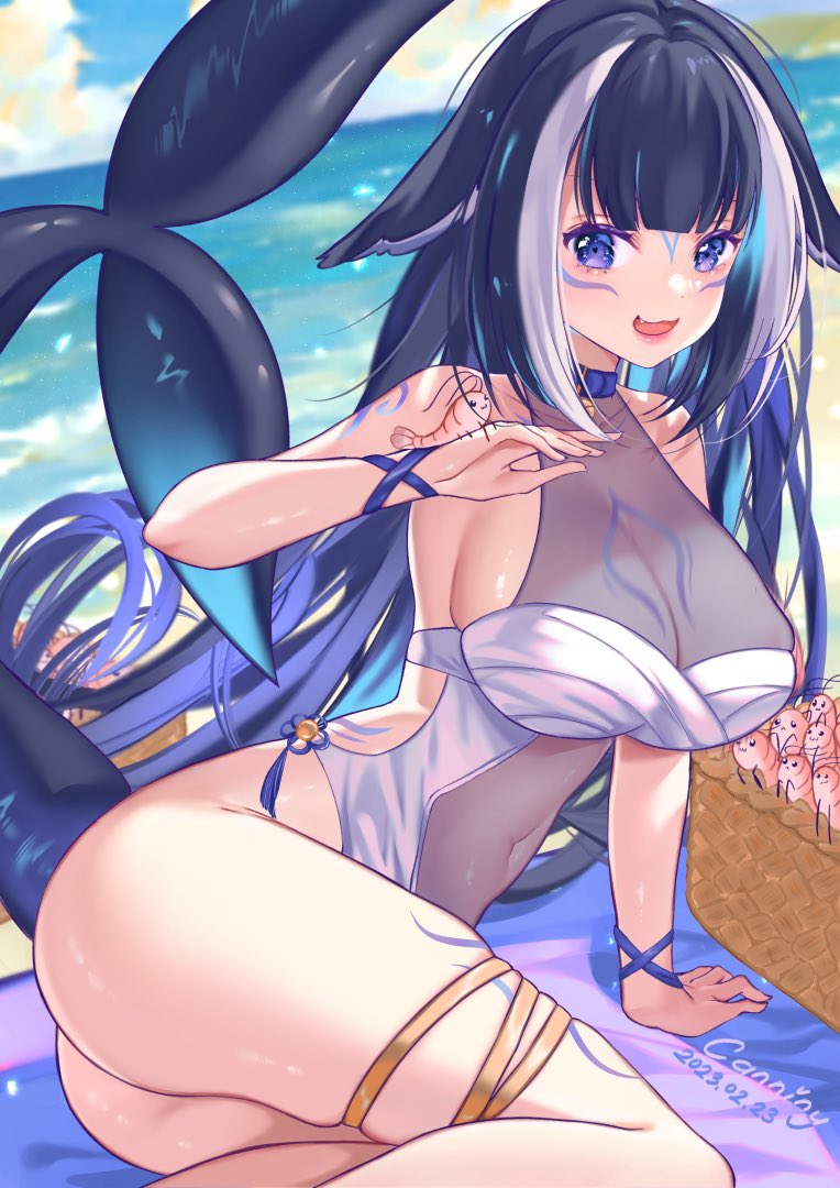 1girl, animal_ears, ass, bell, belt_collar, black_hair, blue_collar, blue_sky, body_markings, breasts, canniny, cetacean_tail, cleavage, cloud, collar, covered_navel, facial_mark, fang, fins, fish_tail, indie_virtual_youtuber, jingle_bell, large_breasts, looking_at_viewer, multicolored_hair, navel, one-piece_swimsuit, open_mouth, orca_girl, purple_eyes, see-through_clothes, see-through_cleavage, see-through_swimsuit, shrimp, shylily, shylily_(3rd_costume), sky, smile, streaked_hair, swimsuit, tail, thigh_strap, virtual_youtuber, water, white_hair, white_one-piece_swimsuit