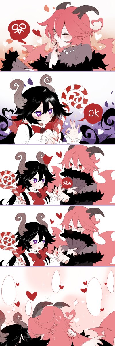 2girls, bat_wings, black_dress, black_hair, black_horns, black_nails, blush, candy