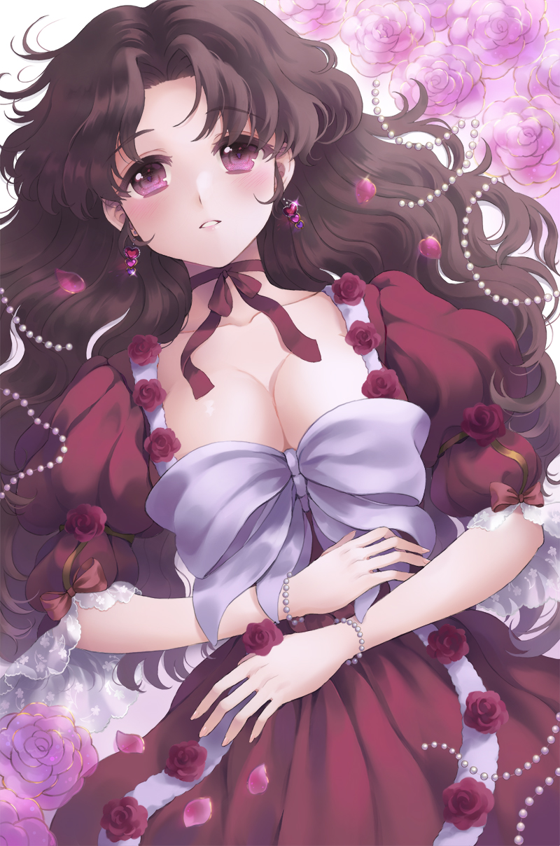 1girl, :o, bead_bracelet, beads, bow, bracelet, breasts, brown_eyes, brown_hair, cleavage, dress, earrings, eunyang_(dmsdidrmfla), hair_beads, hair_ornament, highres, jewelry, long_hair, looking_at_viewer, medium_breasts, olive_oyl_(princess_maker_2), princess_maker_(series), princess_maker_2, red_ribbon, ribbon, short_sleeves, solo, white_bow