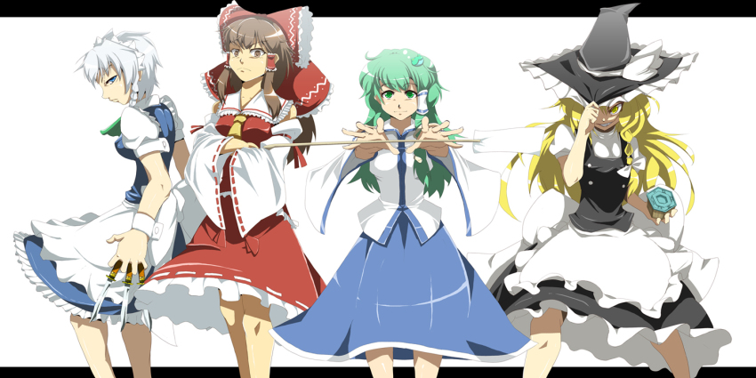 4girls, apron, between_fingers, brown_hair, dagger, female_focus, grabbing_another's_breast, groping