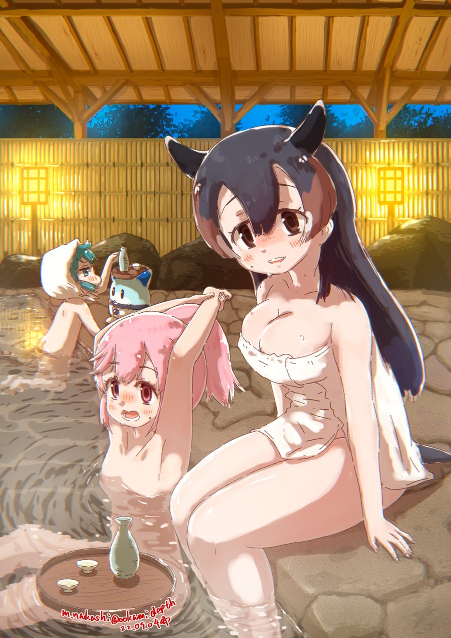 3girls, animal_ears, aqua_hair, armpits, arms_up, ass, back, bathing, black_hair, bottle, breasts, brown_hair, cleavage, convenient_censoring, cup, flat_chest, hair_between_eyes, height_difference, high_ponytail, highres, kemono_friends, kneeling, long_hair, looking_at_viewer, lucky_beast_(kemono_friends), medium_breasts, mountain_tapir_(kemono_friends), multicolored_hair, multiple_girls, nakashi_masakumi, naked_towel, nana_(kemono_friends), nude, open_mouth, parted_lips, partially_submerged, pink_eyes, pink_hair, ponytail, sake_bottle, sitting, smile, steam, stretching, tail, tapir_ears, tapir_girl, tapir_tail, towel, tray, tsuchinoko_(kemono_friends), two-tone_hair, very_long_hair, water, wet