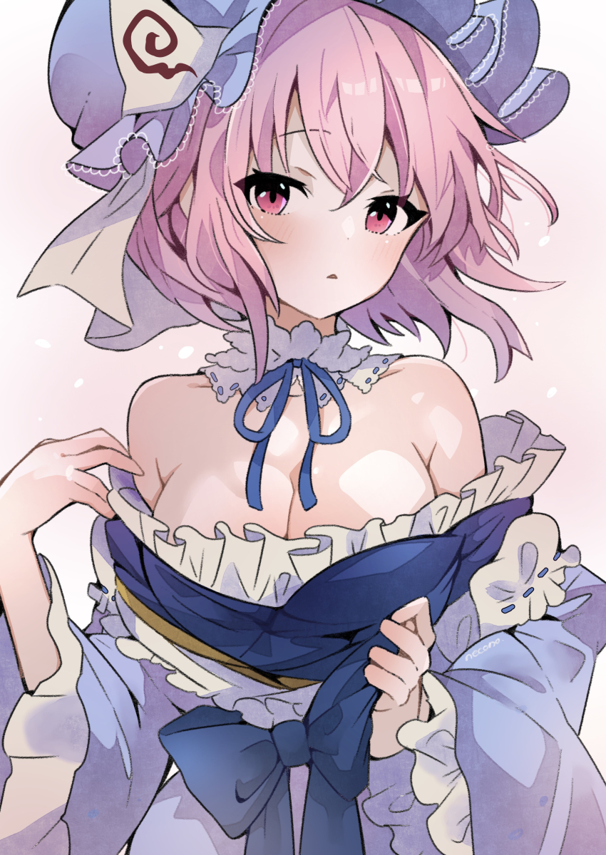 1girl, absurdres, artist_name, bare_shoulders, blue_bow, blue_headwear, blue_kimono, bow