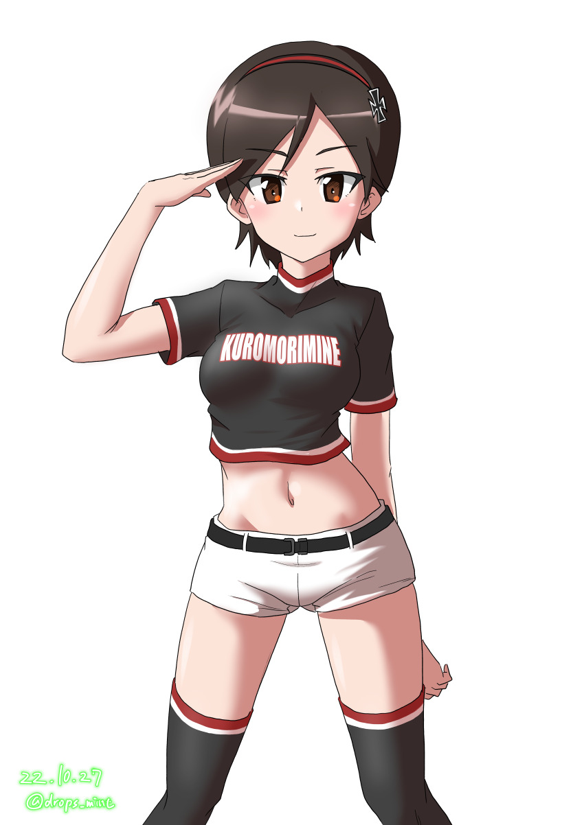 1girl, absurdres, arm_behind_back, belt, black_belt, black_hair, black_shirt, black_thighhighs