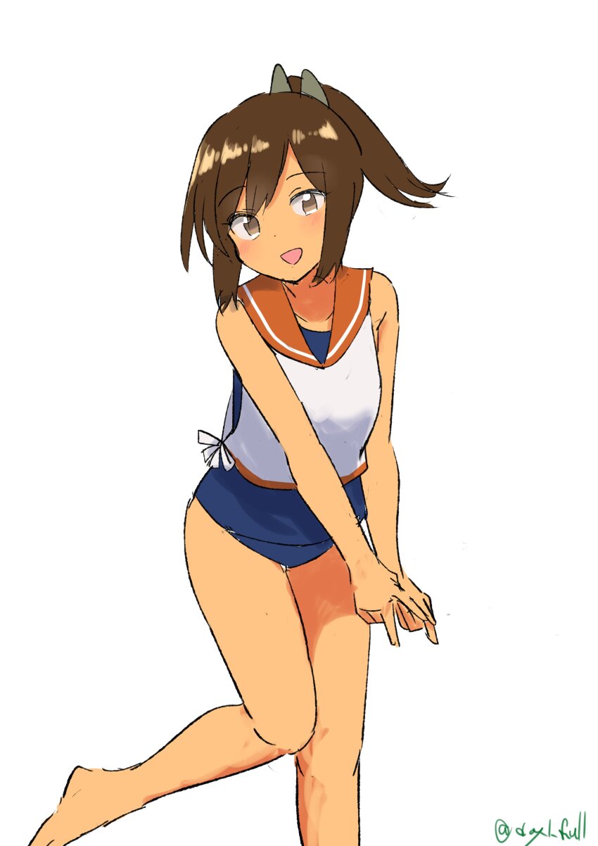 1girl, absurdres, blue_one-piece_swimsuit, brown_eyes, brown_hair, highres, i-401_(kancolle), kantai_collection, looking_at_viewer, one-hour_drawing_challenge, one-piece_swimsuit, ponytail, robinson_(day_l_full), sailor_collar, school_swimsuit, shirt, short_hair, side-tie_shirt, simple_background, sleeveless, sleeveless_shirt, smile, solo, swimsuit, swimsuit_under_clothes, tan, white_background