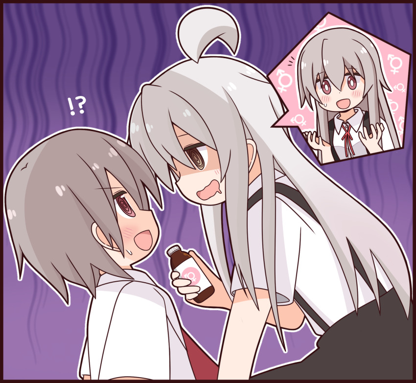 !?, 1boy, 1girl, @_@, ahoge, bottle, genderswap, genderswap_(mtf)