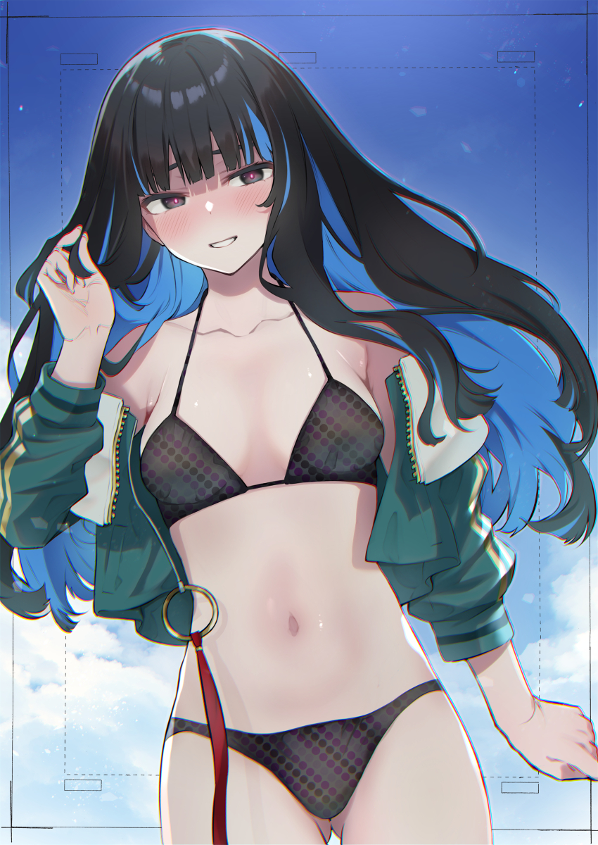 1girl, absurdres, bare_shoulders, bikini, black_bikini, black_hair, blue_hair, blush