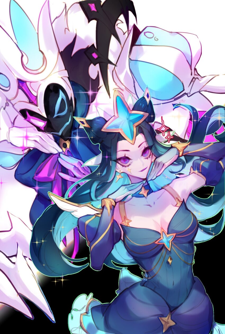 black_background, black_skin, bow, bowtie, breasts, choker, collarbone, colored_skin, covered_navel, dress, earrings, fiddlesticks, fidorubeibi, gloves, green_bow, green_bowtie, green_choker, green_dress, green_hair, highres, jewelry, juliet_sleeves, large_breasts, league_of_legends, long_hair, long_sleeves, multicolored_hair, pale_skin, pink_bow, pink_bowtie, pink_eyes, puffy_sleeves, smile, star_(symbol), star_guardian_(league_of_legends), star_guardian_syndra, star_nemesis_fiddlesticks, syndra, white_background, white_gloves, white_headwear