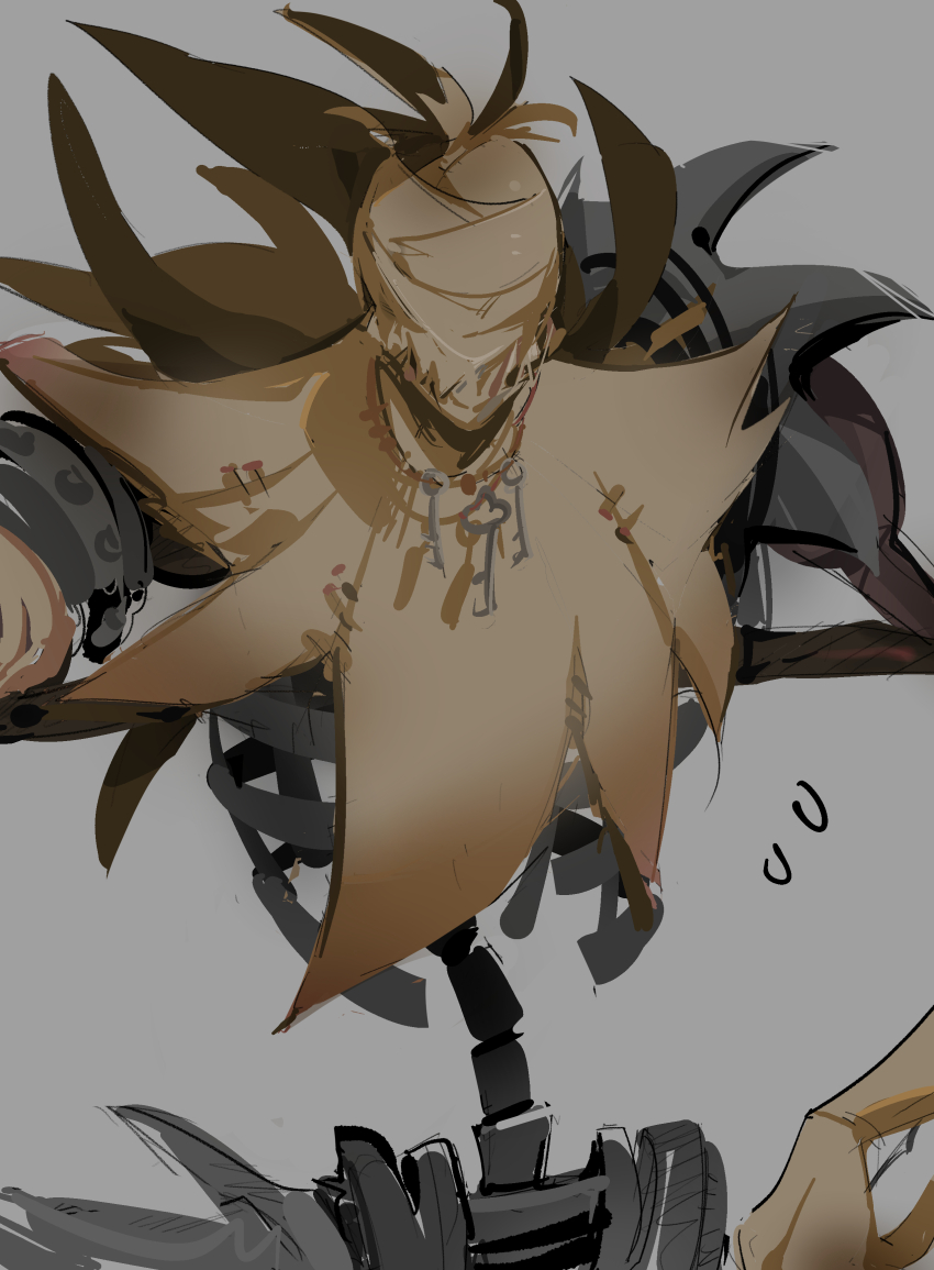 1boy, absurdres, facing_viewer, fiddlesticks, fidorubeibi, flying_sweatdrops, grey_background, highres, jewelry, key, key_necklace, league_of_legends, necklace, robot, scarecrow, simple_background, solo