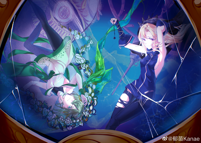 2girls, absurdres, anna_mel, aqua_eyes, arms_up, black_gloves, black_jacket, black_pants, black_pantyhose, blonde_hair, blue_background, bow, chain, doppel_(madoka_magica), dress, etteilla_(madoka_magica), fingerless_gloves, gibdaughter, gloves, green_hair, green_ribbon, hair_over_one_eye, hands_up, highres, holding, holding_chain, hood, hooded_jacket, jacket, long_hair, long_sleeves, looking_at_viewer, magia_record:_mahou_shoujo_madoka_magica_gaiden, magical_girl, mahou_shoujo_madoka_magica, multiple_girls, off-shoulder_dress, off_shoulder, one_eye_covered, pants, pantyhose, pocket, print_dress, purple_eyes, ribbon, sad, short_dress, short_hair, sleeveless, sleeveless_jacket, soul_gem, star_(symbol), star_print, torn_clothes, torn_pants, upside-down, veil, waist_bow, watermark, weibo_watermark, white_dress, yukino_kanae, yumiao79, zipper