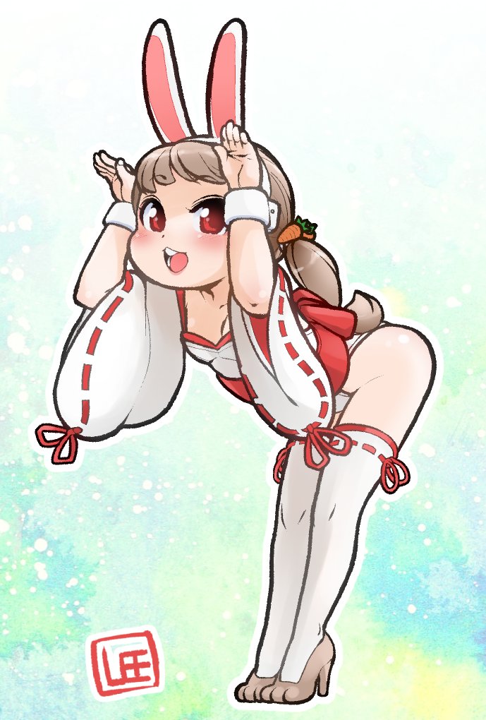 1girl, :3, :d, animal_ears, artist_name, breasts, carrot_hair_ornament, commentary