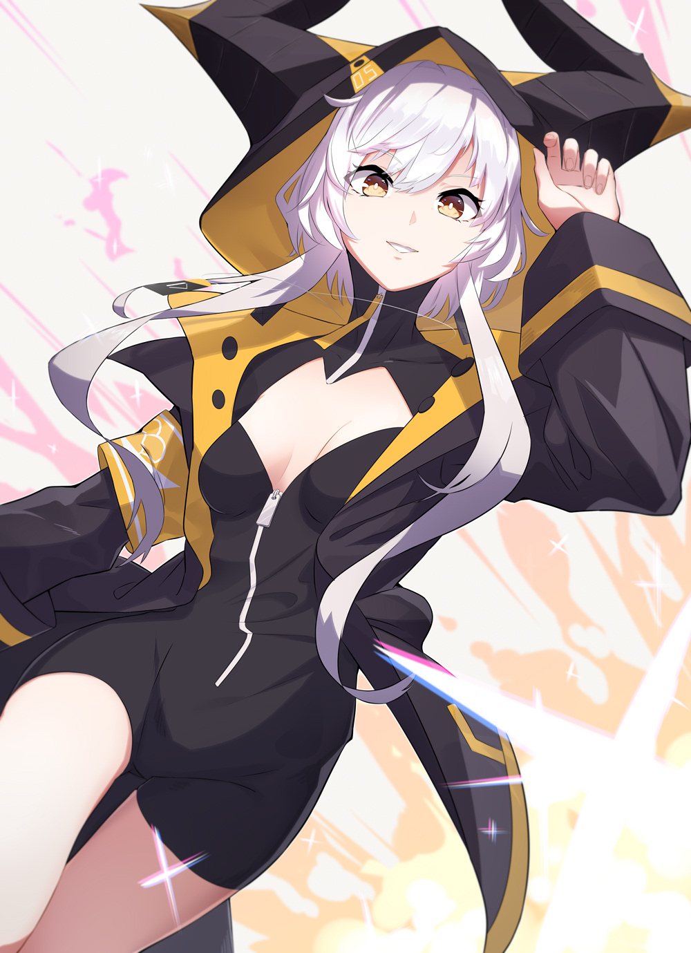 1girl, berudora, black_dress, black_jacket, breasts, cleavage, collared_dress, commentary_request