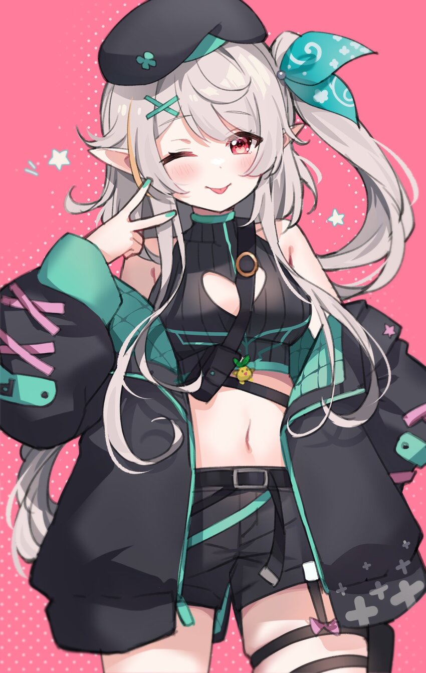 1girl, ayamy, bare_shoulders, beret, black_hat, black_jacket, black_shirt, black_shorts