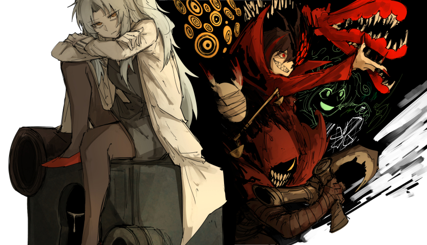 1boy, 1other, 2girls, :d, angela_(project_moon), arm_on_knee, bags_under_eyes, bandaged_arm, bandages, big_bird_(project_moon), black_suit, blue_hair, coat, crossed_arms, extra_eyes, formal_clothes, gun, highres, holding, holding_gun, holding_scythe, holding_weapon, judgement_bird, kankan33333, leg_up, library_of_ruina, light_blue_hair, little_red_riding_hooded_mercenary, lobotomy_corporation, long_hair, looking_at_viewer, multiple_girls, non-web_source, nosferatu_(project_moon), open_mouth, pantyhose, project_moon, punishing_bird, queen_of_hatred, red_coat, red_eyes, red_footwear, red_hood, red_nails, schadenfreude_(lobotomy_corporation), scythe, sharp_teeth, simple_background, single_tear, sitting, smile, suit, teeth, weapon, white_background, white_coat, yellow_eyes